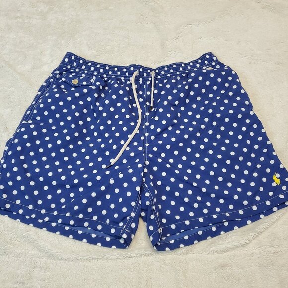 Vintage Polo Ralph Lauren Blue White Polka Dot Swimsuit Swim Trunks Men XXL - Picture 1 of 12